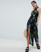 Asos Design Cross Front Jumpsuit With Wrap Leg Detail In Dark Leaf Print - Multi