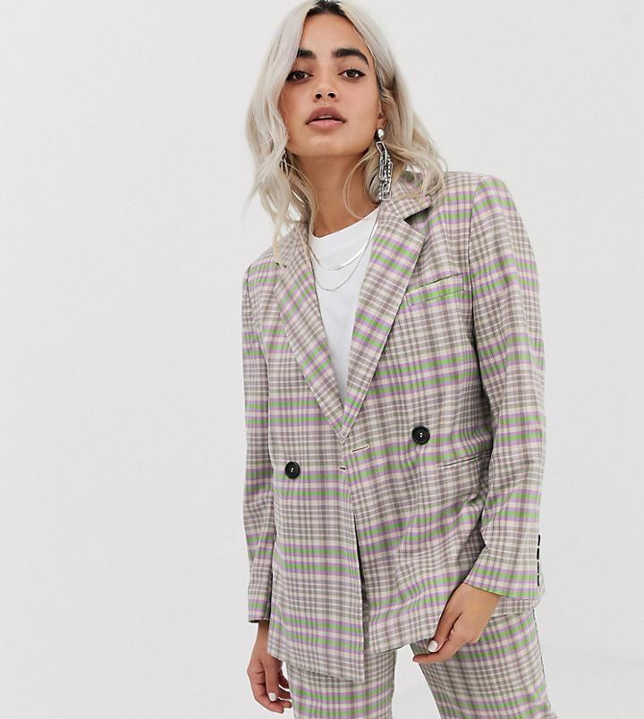 Collusion Petite Double Breasted Check Blazer With Side Tape - Multi