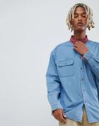 Asos Design Oversized Denim Shirt With Check Cord Collar And Inner Cuffs - Blue