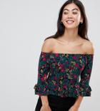 Asos Design Petite Bardot Ruffle Hem Top In Floral Jacquard - Multi