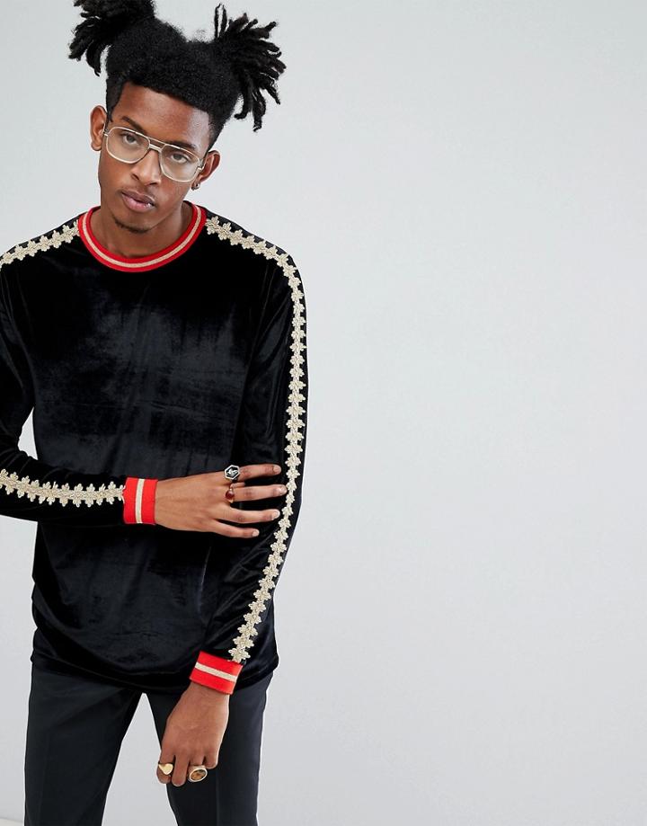 Asos Longline Long Sleeve T-shirt In Black Velour With Gold Taping - Black