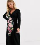 Asos Design Maternity Embroidered Wrap Midi Dress-black