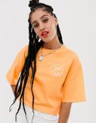 Asos Design Cropped T-shirt With Smile Motif In Washed Neon - Orange