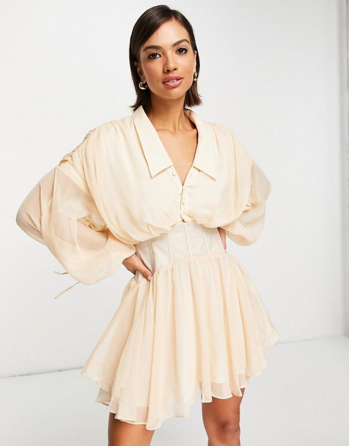 Asos Design Soft Plunge Mini Shirt Dress With Corset Detail And Drape Back In Blush-pink
