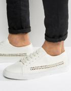 Asos Lace Up Sneakers In White With Woven Detail - White