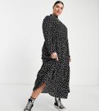 Asos Design Curve High Neck Tiered Midi Dress In Mono Dot Print-multi