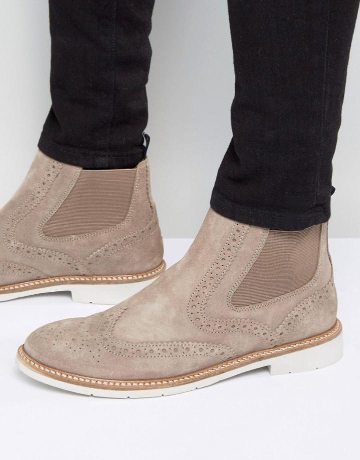 Tommy Hilfiger Metro Suede Brogue Chelsea Boots - Stone