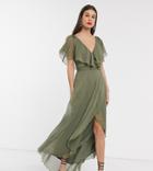 Asos Design Tall Maxi Split Sleeve Cape Back Dress With Tie Shoulder-green