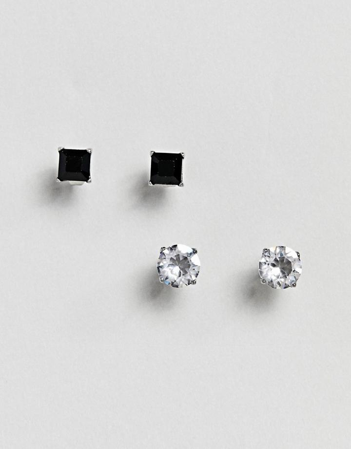 Simon Carter Clear Swarovski Crystal Round Earring & Square Jet Swarovski Crystal In Square In 2 Pack - Silver