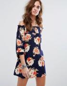 Band Of Gypsies Bardot Floral Printed Smock Dress - Navy