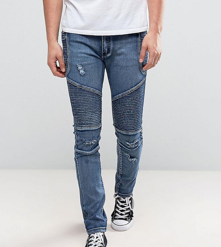 Liquor N Poker Skinny Distressed Biker Jeans In Brush Wash Blue - Blue