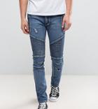 Liquor N Poker Skinny Distressed Biker Jeans In Brush Wash Blue - Blue