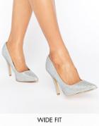 New Look Wide Fit Glitter Pointed Court Shoe - Silver