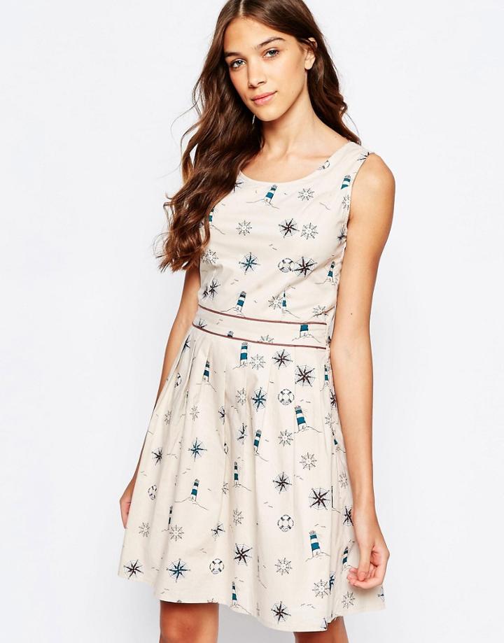 Yumi Cross Back Skater Dress With Pleat Skirt - Sand