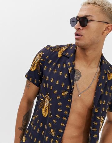 Hermano Two-piece Revere Collar Shirt With Bee Print - Navy