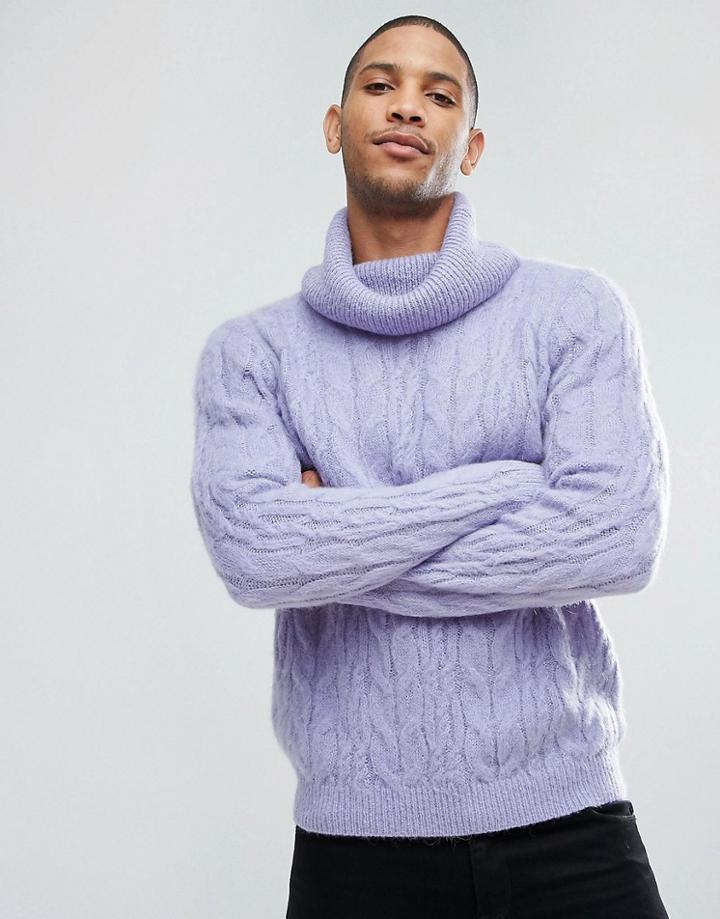 Asos Cable Knit Mohair Wool Blend Sweater With Funnel Neck In Lilac - Purple