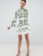 Asos Edition Floral Embroidered And Embellished Mini Skater Dress - Green