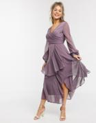Asos Design Wrap Waist Midi Dress With Double Layer Skirt And Long Sleeve In Mauve-purple
