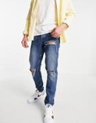 Asos Design Slim Jeans In Vintage Dark Wash With Rips-blue