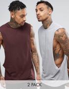 Asos 2 Pack Sleeveless T-shirt With Extreme Dropped Armhole In Oxblood/gray Marl Save - Multi