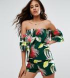 Asos Tall Off Shoulder Linen Top In Tropical Print Co-ord - Multi