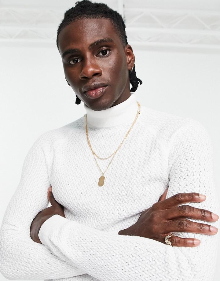 Asos Design Muscle Fit Textured Knit Roll Neck Sweater In White