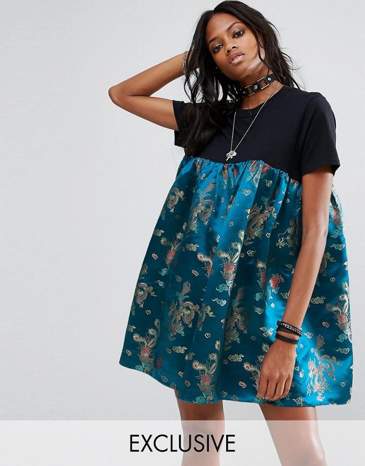 Reclaimed Vintage Inspired Festival T-shirt Dress With Brocade Panel - Black