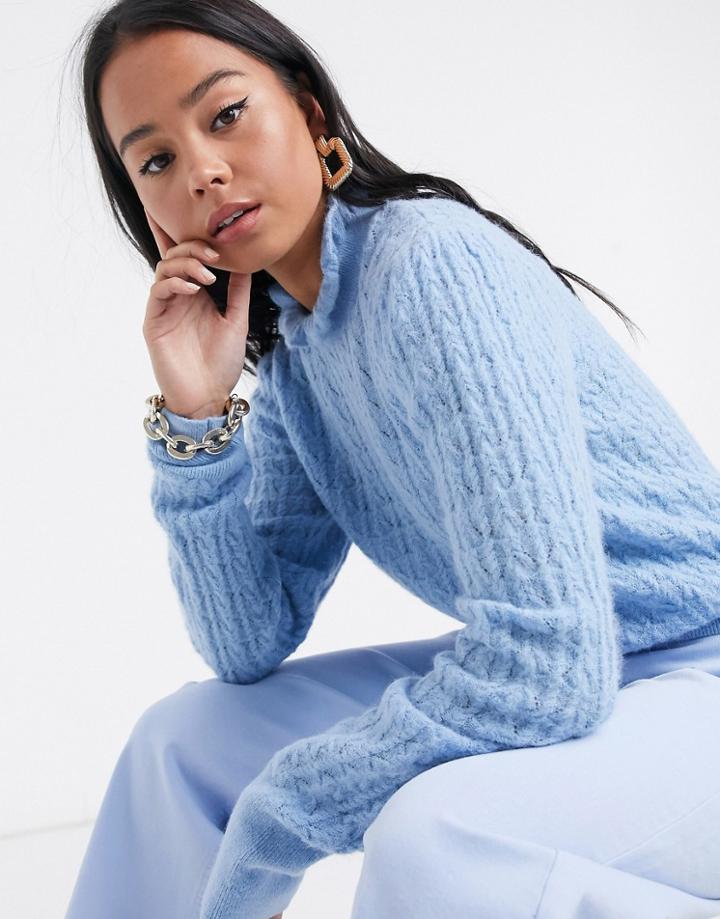 & Other Stories Pointelle Frill Neck Fluffy Sweater In Blue