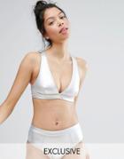 Monki Metallic Plunge Cross Back Bikini Top - Silver