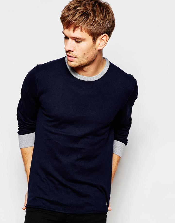 Esprit Crew Neck Jumper With Contrast Rib In Cotton Cashmere - Navy