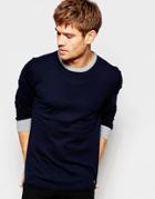 Esprit Crew Neck Jumper With Contrast Rib In Cotton Cashmere - Navy