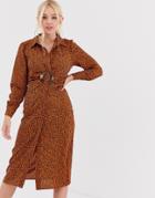 Qed London Shirt Dress With Buckle In Abstract Print - Brown
