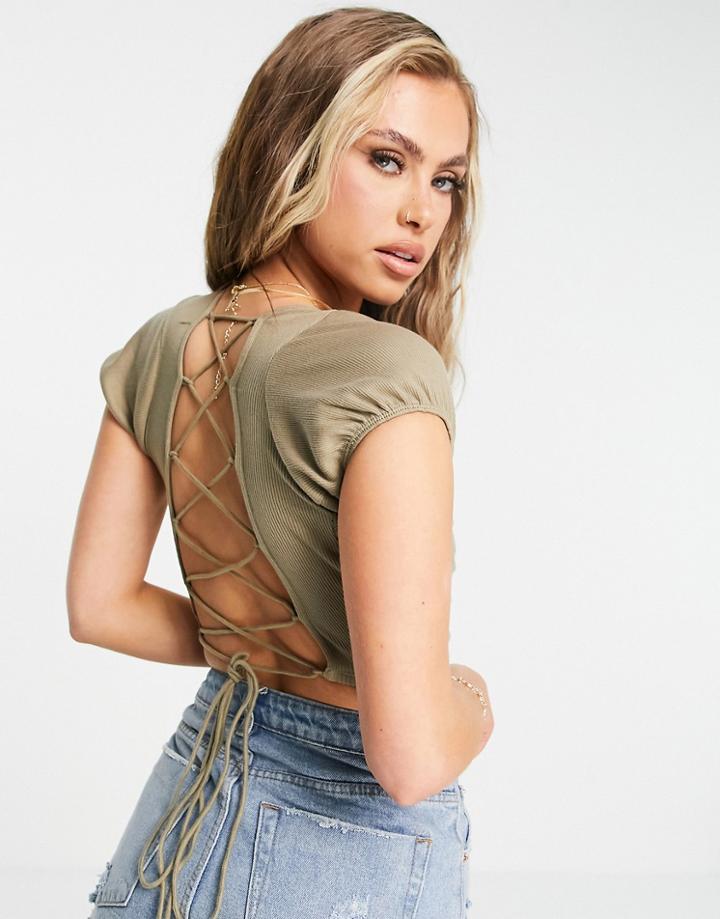 Motel Lace Back Ribbed Crop Top In Khaki-green
