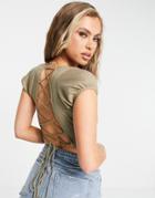 Motel Lace Back Ribbed Crop Top In Khaki-green