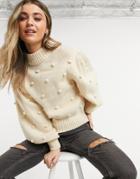 Asos Design Sweater With Volume Sleeves And Bobble Detail In Cream-white