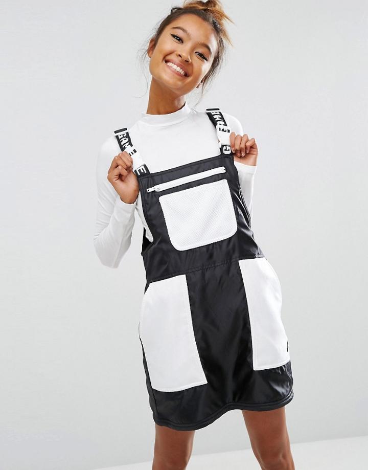 Mini Cream Overall Dress In Satin With Color Block - Black