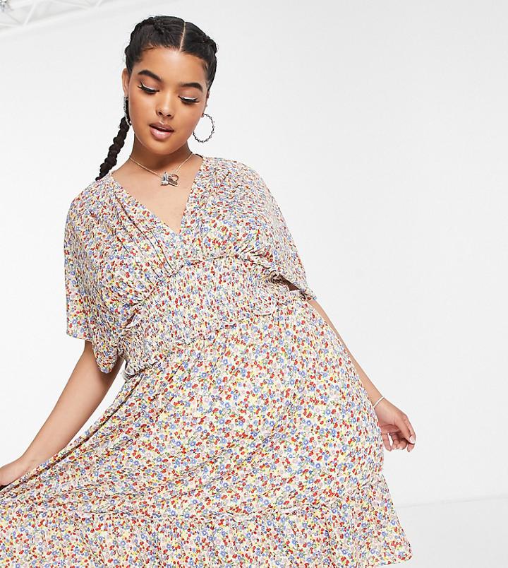 Only Curve Shirred Plunge Neck Mini Dress In Ditsy Floral-multi