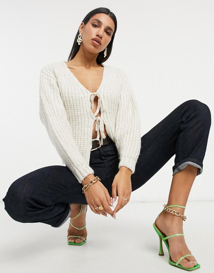 Asos Design Cardigan With Tie Front Detail In Cream-white