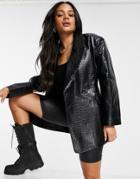 Asos Design Belted Dad Blazer In Snake Embossed Leather-look-black