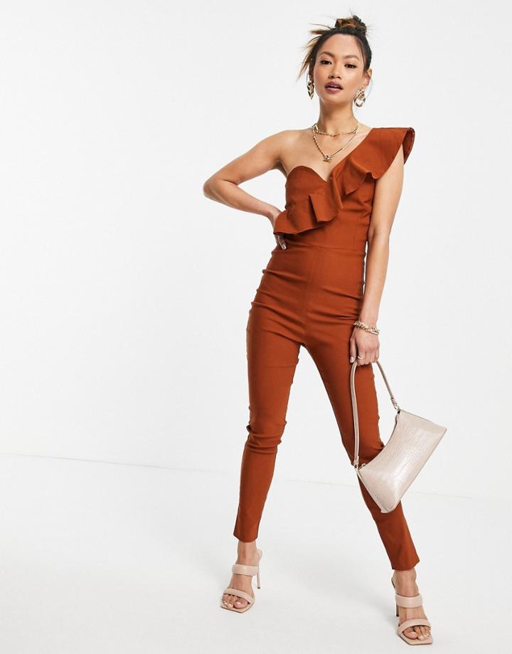 Vesper One Shoulder Frill Jumpsuit In Ginger-copper