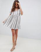 Asos Design Smock Mini Dress With Front Tie In Geo-tribal Print - Multi