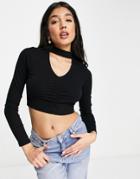 Miss Selfridge Long Sleeve Ruched Front Choker Detail Top In Black-multi