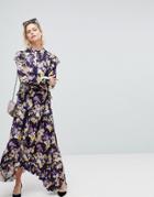 Warehouse Floral Print Frill Edge Maxi Dress - Purple