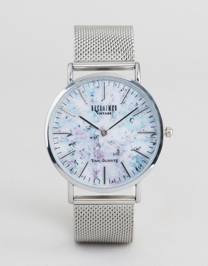 Reclaimed Vintage Marble Print Mesh Watch In Silver - Silver