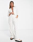 Asos Design Linen Grid Check Wide Leg Relaxed Flare Suit Pants In Cream-white