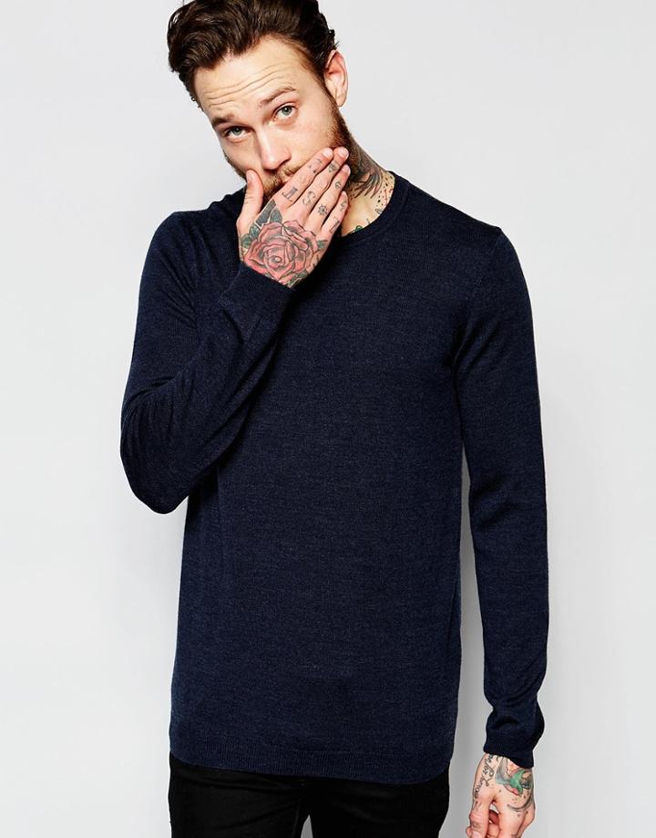 Asos Merino Wool Crew Neck Sweater In Navy - Navy Marl
