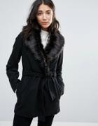 Brave Soul Faux Fur Collar Belted Coat - Black