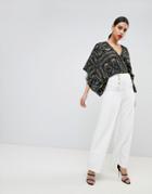 Flounce London Wide Leg Tailored Pants With Gold Button Detail - White
