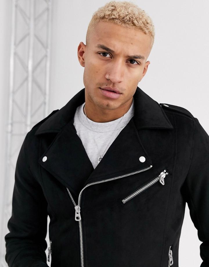 Bershka Faux Suede Biker Jacket In Black