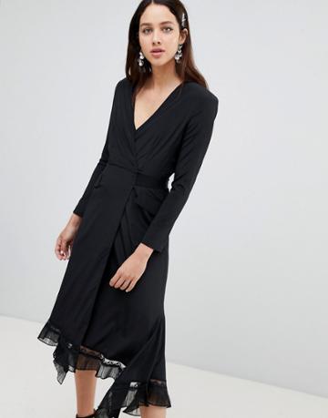 To Be Adored Iga Silk Hanky Hem Wrap Midi Dress - Black